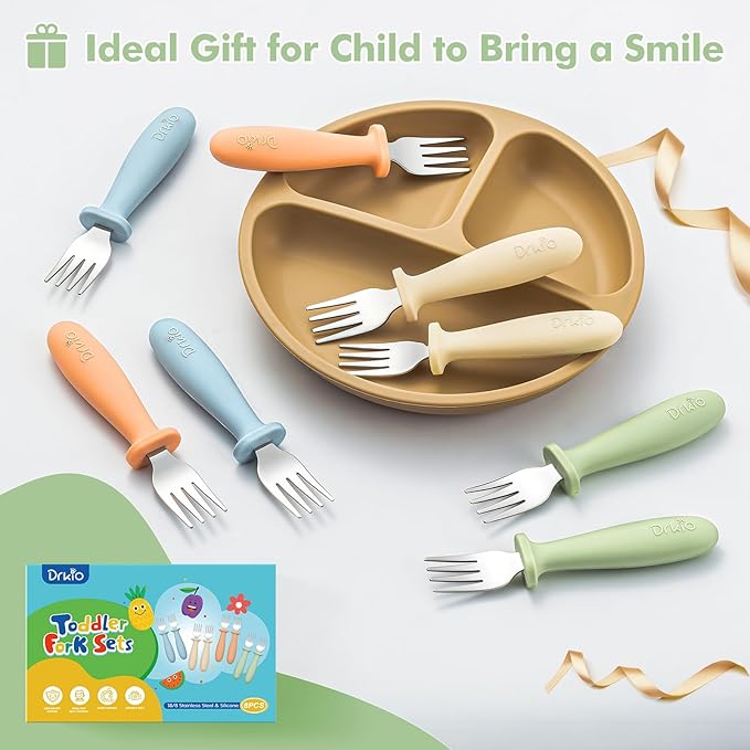 DRKIO 8 Pieces Toddler Forks Set - Baby Forks with Silicone Handle Children safe 18/8 Stainless Steel Toddler Utensils Set for Self Feeding Kids Silverware Anti-Choke Design Food Grade Dishwasher Safe-CubbioJoy