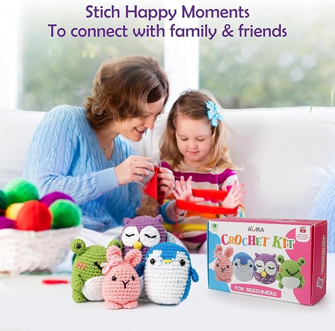 A-URA Learn to Crochet Kit for Beginners Kids and Adults, Premium 4 Animal Pattern Beginner Crochet Kits with Easy Tube Yarn & Step-by-Step Video Tutorials (Forest Friends–Standard Size)-CubbioJoy