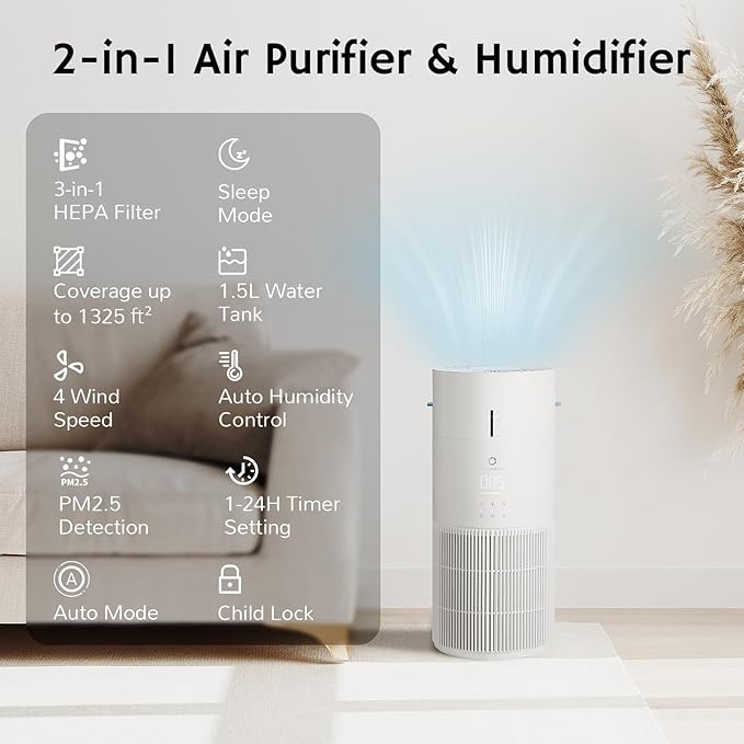 Airthereal 2-in-1 Air Purifier + Humidifier Combo for Large Room up to 1325 ft², 3-Stage Filters, Air Quality Monitor and Quiet Sleep Mode, Evaporative Humidifier with Auto Humidity Monitor, AEH300-CubbioJoy