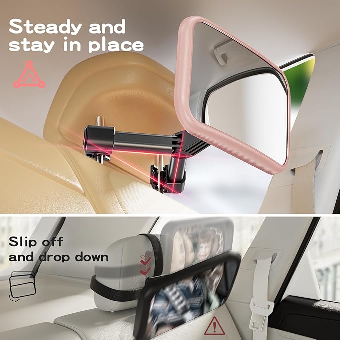 Car Mirror for Baby - Hook Clip Design, Never Shake Car Seat Mirror, Rear Facing, Easy Install, Back Seat Crystal Clear View, ShatterProof Tested - Pink-CubbioJoy