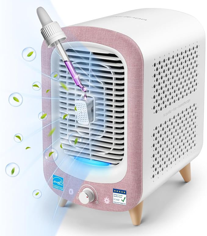 Jafanda Air Purifier for Home Bedroom 780sq ft, HEPA & Activated Carbon, Air Cleaner with Fragrance Sponge & Nightlight for Smoke, Allergies, Dust, Odor, VOC, Pet Dander, Pollen, Office, Desktop, Pink-CubbioJoy