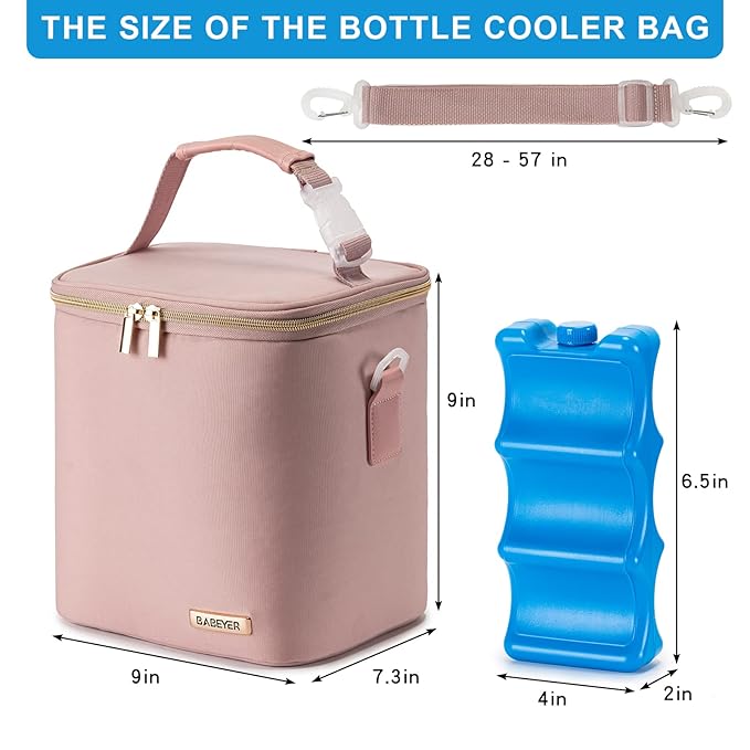 Breast Milk Cooler Bag with Ice Pack Fits 6 Baby Bottles Up to 9 Ounce, Baby Bottle Bag with Shoulder Strap for Nursing Mom Daycare, Pink-CubbioJoy
