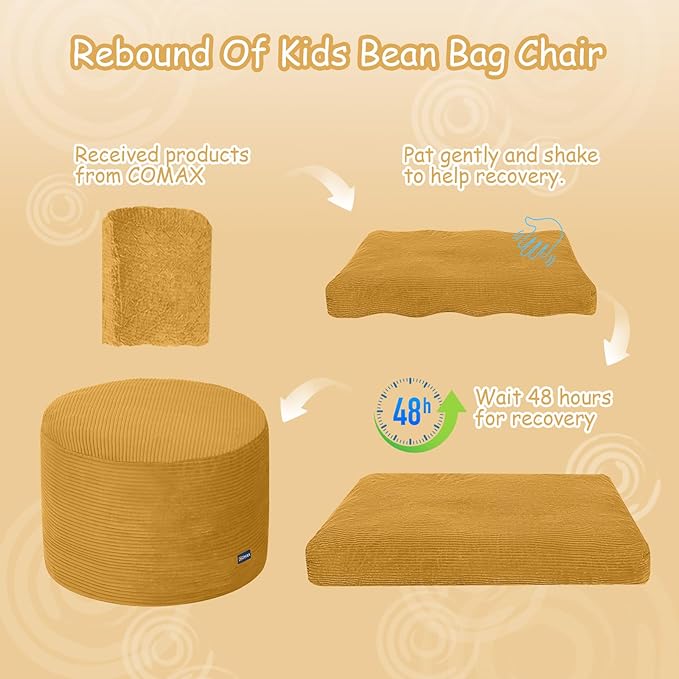 COMAX Kids Bean Bag Chair Turn into Beanbag Bed, Toddler Bean Chair Corduroy for Girl Boy Sleeping, Lazy Children Bean Bags with Filler, Convertible Child Floor Mattress, Yellow-CubbioJoy