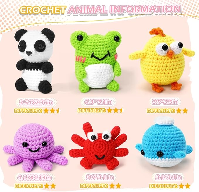 6 PCS Crochet Animal Kit –2026 DIY Amigurumi Crochet Kit for Beginners, Knitting Crochet Kit For Kids Adults , Knitting Kit with detailed videos tutorials, Yarn, Hook, Best Gift For Crochet Lovers-CubbioJoy