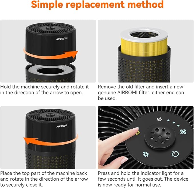 AIRROMI Pets Air Purifier for Home Allergies,Up to 660 ft².Yellow Deodorizing Activated Carbon Filter,With Fragrance Sponge for Better Sleep,Night Light,Pet Dander,Smoke,Odors,Air Cleaner A2002 Black-CubbioJoy