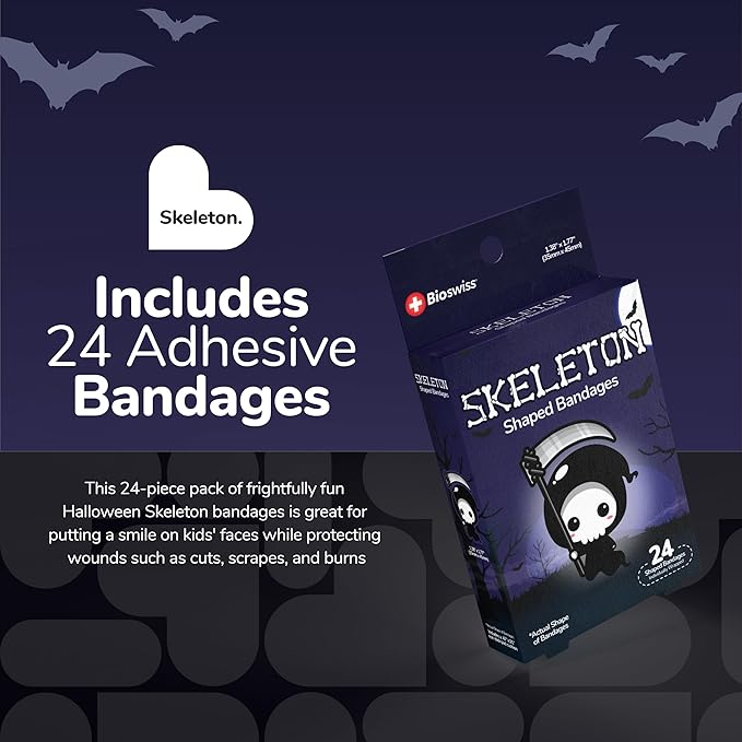 BioSwiss Bandages, Halloween Skeleton Shaped Self Adhesive Bandage, Latex Free Sterile Wound Care, Fun First Aid Kit Supplies for Kids, 24 Count-CubbioJoy