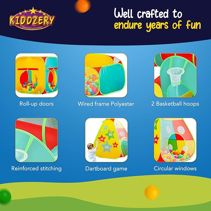 5pc Kids Play Tent for Toddlers with Ball Pit, Crawl Tunnel, Indoor & Outdoor Playhouse, Jungle Gym, Toys for Boys & Girls, Includes Dart Balls, Teepee & Basketball Hoops, (with 50 Balls)-CubbioJoy