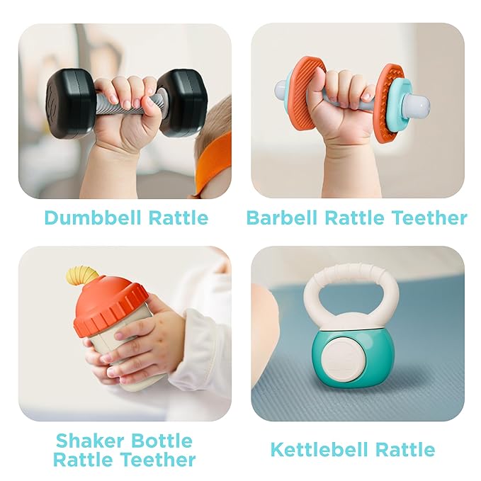 iPlay, iLearn Baby First Gym Rattle Set, Infant Dumbbell Weights Teething Rattles 3-6-12 Month, Newborn Workout Sensory Stroller Toy, Babies Birthday Shower Gift 5 7 8 9 10 Month Toddler Boy Girl-4PCS-CubbioJoy