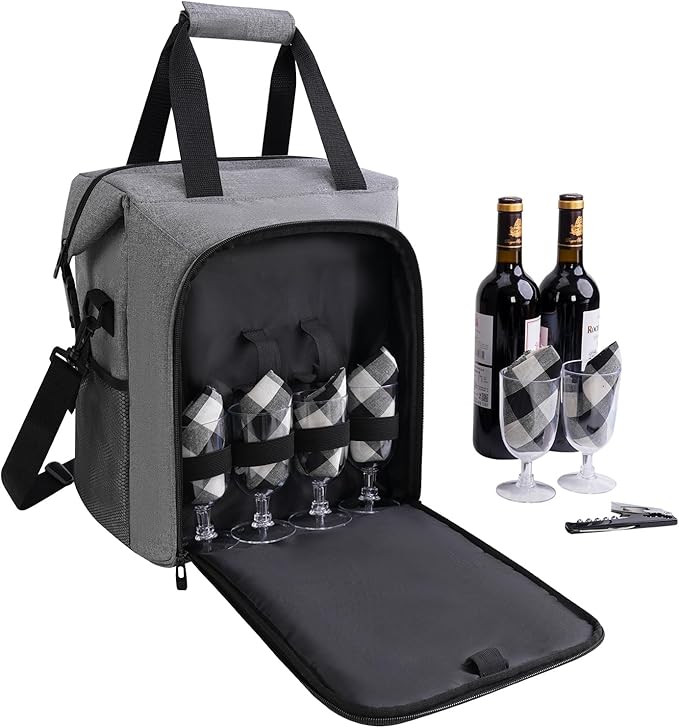 ALLCAMP 6 Bottle Wine Gift Bag - Insulated Tote Cooler, Adjustable Strap, Includes 6 Wine Glasses, Napkins & Corkscrew, Portable Travel Gifting(Gray)-CubbioJoy