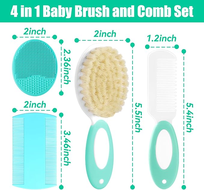 Baby Hair Brush and Comb Set, 4Pcs Baby Soft Bristles Hairbrush Cradle Cap Brush Hair Comb for Newborns Toddlers Boys Girls (Green)-CubbioJoy