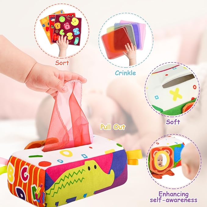 Baby Tissue Box - Montessori Toys for 6-12 Months, 1 Year Old - Soft Stuffed & High Contrast Crinkle Infant Sensory Toy, Early Learning Gift for Girls & Boys Toddlers-CubbioJoy