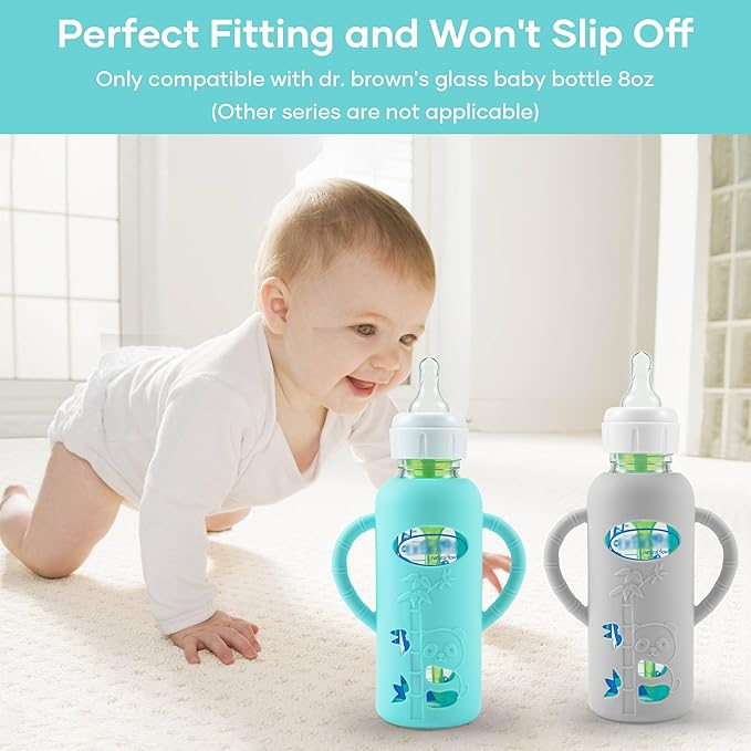2 Pack Silicone Sleeves for Dr. Brown's Glass Baby Bottles, Anti Breakage Durable Baby Bottle Holder with Easy Grip Handles, Narrow Sleeve with a Cutout, Dishwasher/Freezer/Microwave Safe, 8 oz-CubbioJoy
