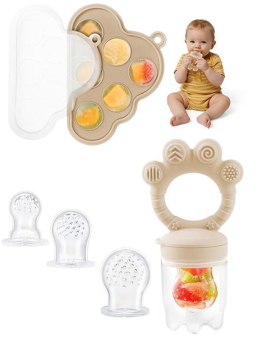 Baby Popsicle Molds & Food Feeder Set, Baby Fruit Feeder for Infant Teething Relief & Safe Infant Self Feeding 4 Months+ Starting Solids for Essentials (Beige)-CubbioJoy