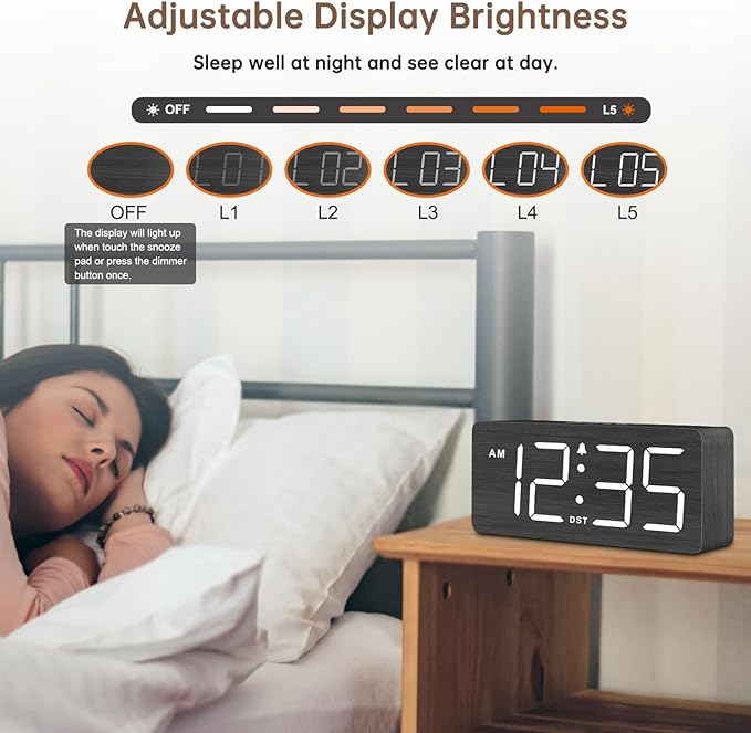 DreamSky Wooden Digital Alarm Clock for Bedroom - Loud Alarm Clock for Heavy Sleepers with Volume Control, Desk Clocks for Living Room with Large Numbers, Dimmer, DST, Wood Decor (Adapter Powered)-CubbioJoy