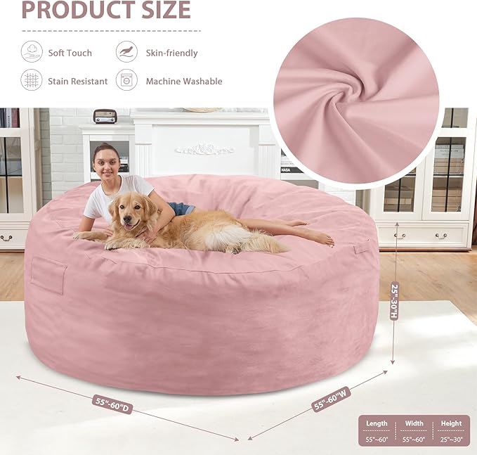 6FT Bean Bag Chair, Large Bean Bag Chairs with Memory Foam Filled, Fluffy Beanbag Sofa with Dutch Velvet Cover, Round BeanBag Chairs for Living Room, Playroom- Light Pink-CubbioJoy
