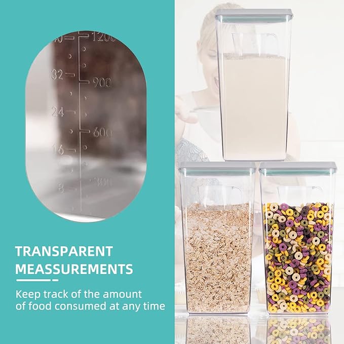 Ankou Airtight Pop Cereal Container, 3300ml Each Large Cereal Containers with Scoops Food Storage Canister Dispenser Perfect For Cereal Flour Spaghetti Rice Kitchen Organizing 3.5qt-CubbioJoy