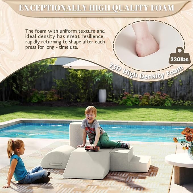 jela Foam Blocks 6Pcs Soft Play Equipment Waterproof Fabric, UV Resistant Toddler Climbing Toys Indoor& Outdoor Soft Play Climbing for Toddlers, Lightweight Climbing Blocks for Babies, Kids (Sand)-CubbioJoy