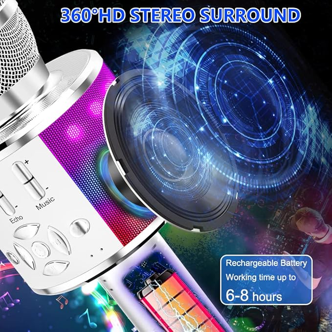 Amazmic Kids Karaoke Microphone Machine Toy Bluetooth Microphone Portable Wireless Karaoke Machine Handheld with LED Lights, Gift for Children Adults Birthday Party, Home KTV(Silver)-CubbioJoy