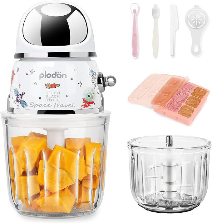Baby Food Maker Mini Cute and Small Food Processor Puree Blender Grinder Chopper 1.2 Cup Glass Bowl with 6 Blade Electric (Spaceman-White)-CubbioJoy
