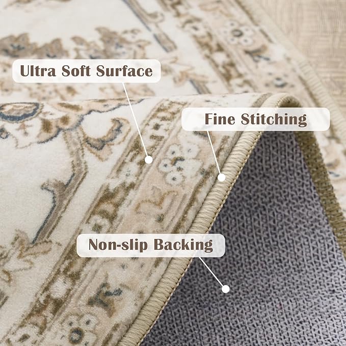 jinchan Round Rug 6ft Area Rug - Taupe Vintage Floor Mat Kitchen Indoor Ultra-Thin Soft Floral Print - Washable Circle 6' Retro Accent for Farmhouse Non Slip Dining Room Living Room Bedroom Office-CubbioJoy