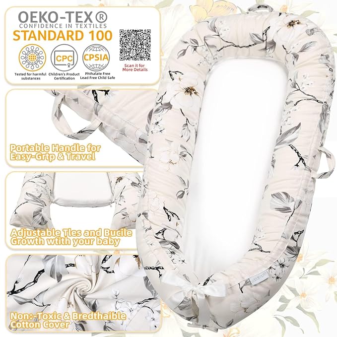 Baby Lounger | Organic Cotton Infant Lounger | Reversible, Adjustable & Portable Floor Lounger | Soft, Breathable, Washable Cover-CubbioJoy