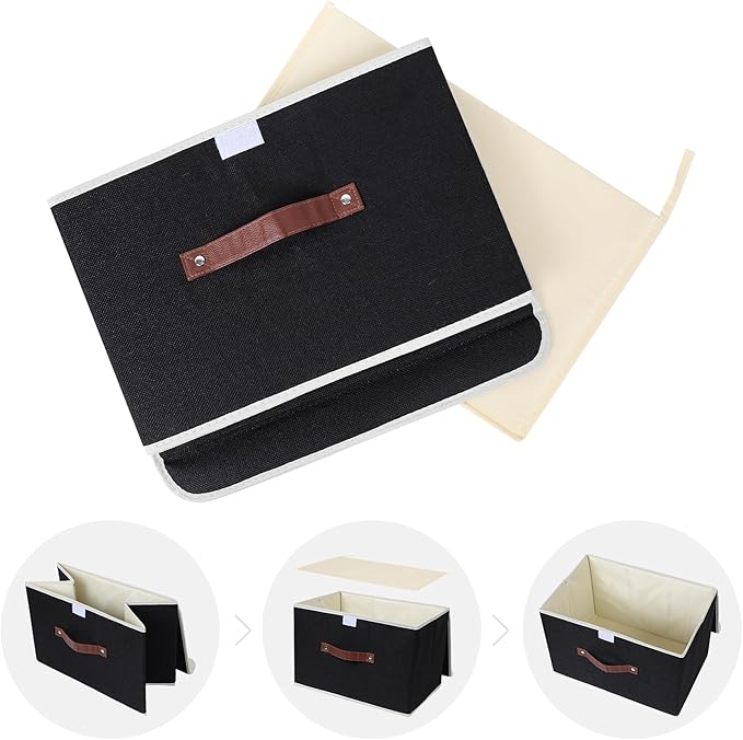 ANMINY 4PCS Storage Bins with Lid PU Leather Handles Storage Boxes PP Plastic Board Decorative Foldable Lidded Cotton Linen Fabric Home Cubes Baskets Closet Organizer Containers - Black, Large Size-CubbioJoy