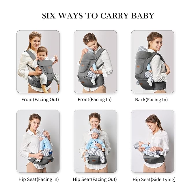 Baby Carrier with Hip Seat, Baby Carrier Newborn to Toddler, 6-in-1 Ways to Carry, All Seasons, Adjustable Baby Holder Carrier for Breastfeeding(Grey)-CubbioJoy