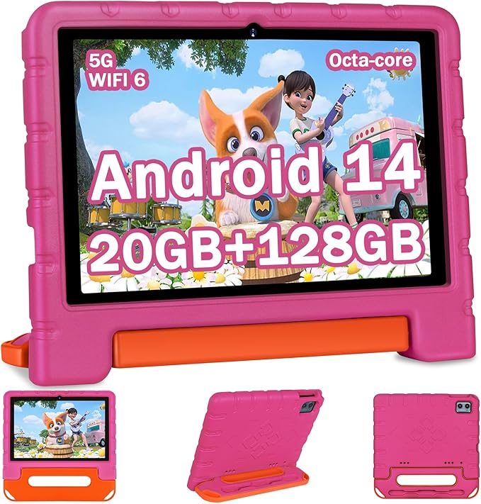 2025 Kids Tablet 10 inch Android 14 Tablets for Kid Octa-Core, 20GB+128GB (TF 1TB), Toddler Tablet with Shockproof Case, 2.4G+5G WiFi 6, Parental Control, Face Unlocked, Split Screen, BT5.0 (Rose Red)-CubbioJoy