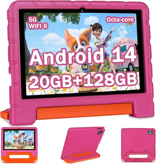 2025 Kids Tablet 10 inch Android 14 Tablets for Kid Octa-Core, 20GB+128GB (TF 1TB), Toddler Tablet with Shockproof Case, 2.4G+5G WiFi 6, Parental Control, Face Unlocked, Split Screen, BT5.0 (Rose Red)-CubbioJoy
