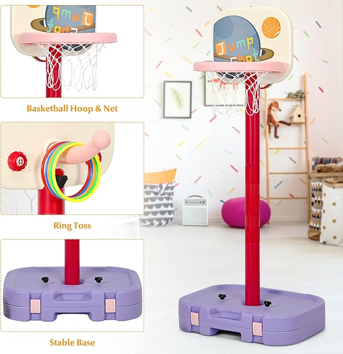 Costzon Kids Basketball Hoop, 2 in 1 Toddler Basketball Hoop Toy Set with Ring Toss & Storage Box for Boys Girls Baby, Portable Basketball Hoop Stand with Adjustable Height for Indoor Outdoor-CubbioJoy