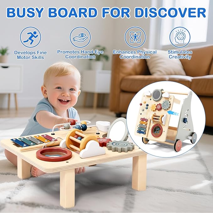 Baby Push Walker with Detachable Busy Board, Wooden Baby Walker with Adjustable Speed Wheels, Montessori Push Walker for Babies, Push Walking Toys for Boys & Girls 1 Year Old, Gifts for Toddler-CubbioJoy
