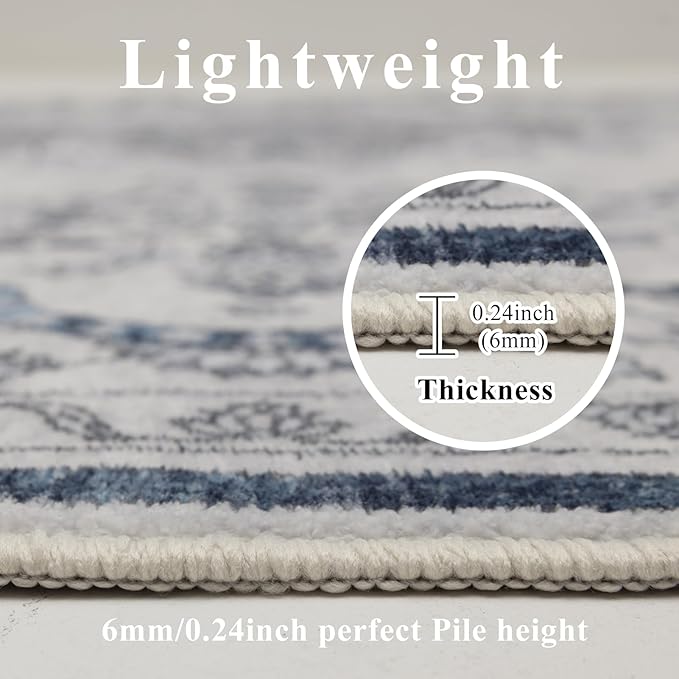 9x12 Area Rug Living Room Rugs, Stain Resistant Washable Rug, Vintage Large Non-Slip Backing, Low Pile Lightweight Print Rug for Bedroom Dinning Room Home Office (Grey/Blue)-CubbioJoy