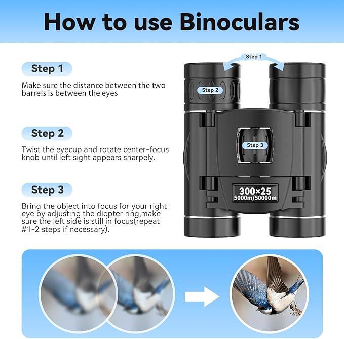 300x25 Binoculars for Adults and Kids, High Powered Mini Pocket Binoculars with Phone Adapter, Waterproof Compact Telescope for Bird Watching, Hunting, Concert, Theater, Opera, Traveling, Sightseeing-CubbioJoy