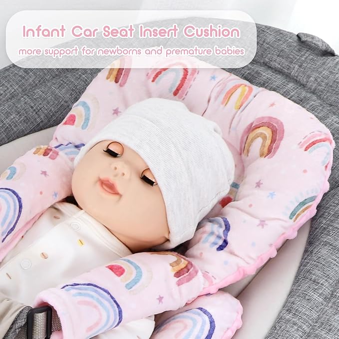 Infant Car Seat Insert, Car Seat Head Support Baby Girls Boys, Soft & Reversible Newborn Carseat Insert Cushion with 2 Strap Covers, for Stroller, Swing, Bouncer (Pink Rainbow)-CubbioJoy