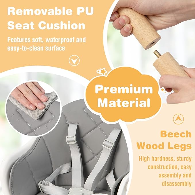 BABY JOY Baby High Chair, 6 in 1 Convertible Wooden High Chair for Babies & Toddlers with Adjustable Legs, Double Removable Tray, Safety Harness & Waterproof PU Cushion (White)-CubbioJoy