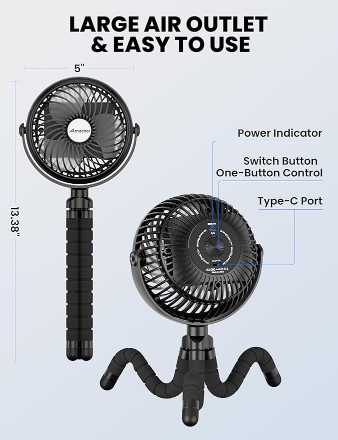 AMACOOL Baby Stroller Fan - 5000mAh Rechargeable, 3-Speed, Strong Yet Quiet, 360°Rotate Portable Clip on Fan for Travel, Car Seat, Crib, Bike, Treadmill, Beach Vacation Essentials-CubbioJoy