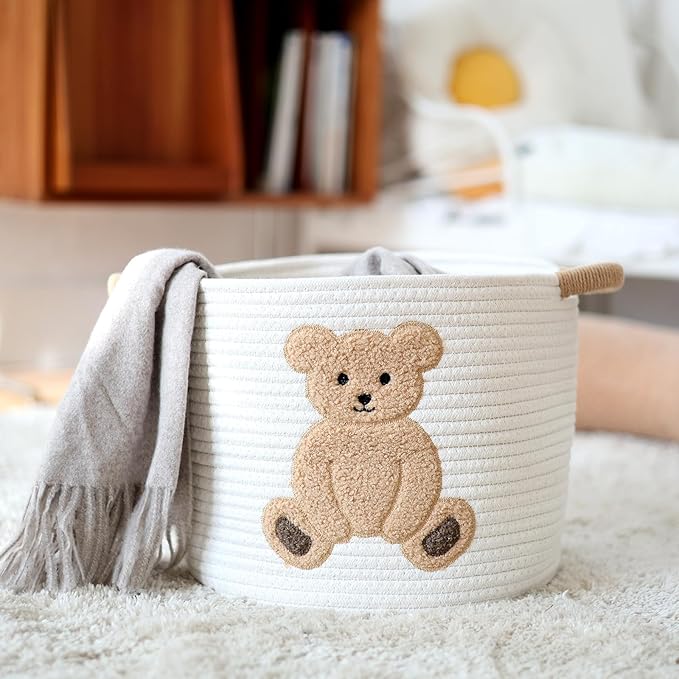 INough Cotton Rope Basket Toy Storage Baskets for kids Laundry Hamper, Gift Basket Empty Baby Shower Baskets with Handles, Cute Bins Blanket Stuffed Animal Storage for Nursery, Living Room Decor, Bear-CubbioJoy