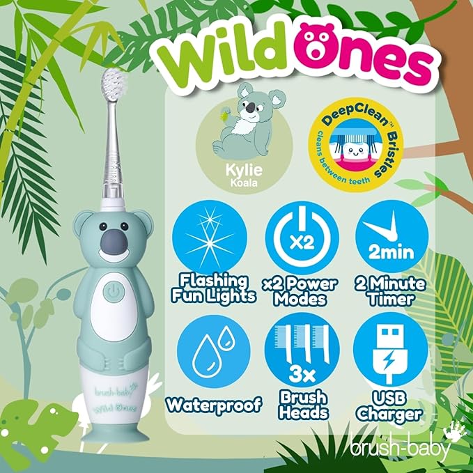 brush-baby WildOnes™ Rechargeable Kids Electric Toothbrush – Koala | Flashing Lights, 2-Min Timer, Waterproof, 3 Brush Heads | Toddler & Child Toothbrush Ages 0-10 | Soft Bristles-CubbioJoy