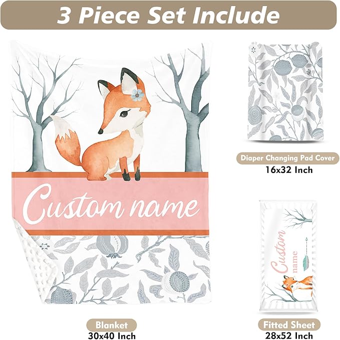 Custom Name Crib Bedding Set - Fox Theme, Personalized Nursery Bedding 3-Piece Set– Soft Blanket, Fitted Sheet, Changing Pad Cover – for Newborns Girls Nursery Gifts-CubbioJoy