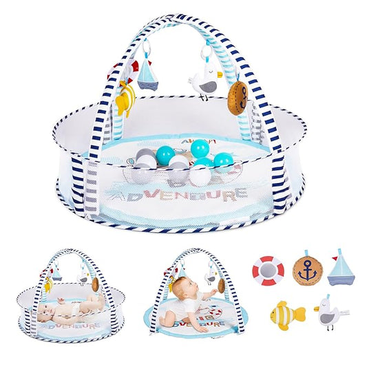 Baby Play Mat, 4-in-1 Baby Play Gym Tummy Time Mat with Ball Pit and 5 Detachable Toys for Newborn to Develop Sensory Exploration and Motor Skill 0-6-12 Months-CubbioJoy