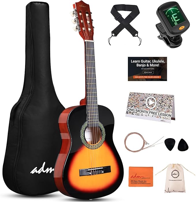 ADM Beginner Acoustic Classical Guitar Nylon Strings Wooden Guitar Bundle Kit for Kid Boy Girl Student Youth Guitarra Online Lessons with Gig Bag, Strap, Tuner, Strings, Picks (34 Inch, Sunburst)-CubbioJoy