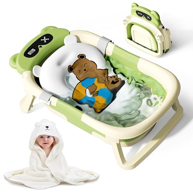 Collapsible Baby Bathtub for Newborn to Toddler (0-18 Month) - Portable Baby Bath Tub for Travel, Newborn Bathtub with Soft Towel and Floating Cushion (Green)-CubbioJoy