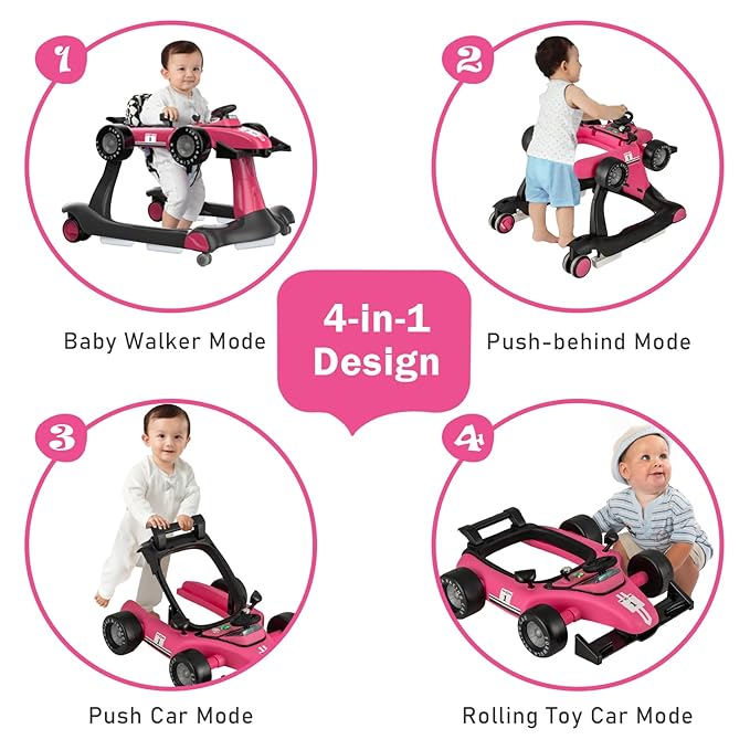 BABY JOY 4-in-1 Baby Walker, Foldable Activity Walker with Adjustable Height & Speed, Music, Lights, Steering Wheel, Comfy Seat Cushion, Activity Baby Push Walker for Boys Girls Aged 6 –18 (Pink)-CubbioJoy