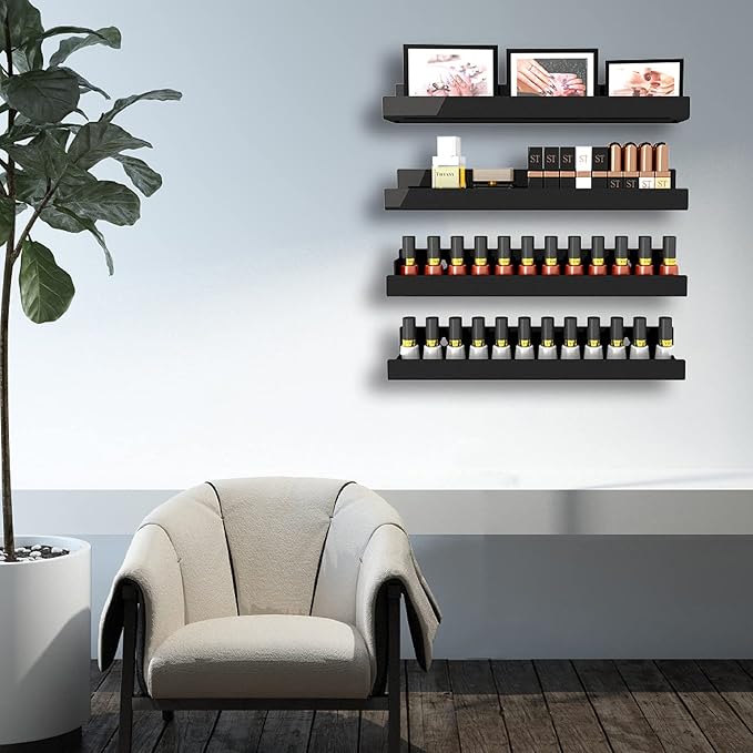 4 Pack 15 Inch Black Acrylic Shelves, Black Kids Floating Bookshelf for Kids Room, Modern Nail Polish Rack Sunglasses Essential Oil Picture Ledge Display Toy Storage Wall Shelf-CubbioJoy