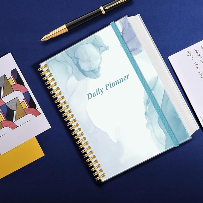 Daily Planner Undated - 8.5" x 11" To Do List Notebook Hourly Schedules, 150 Sheets/300 Pages Spiral Appointment Planner for Women and Men,PVC Hardcover, Inner Pocket, Elastic Closure, Teal Flowers-CubbioJoy