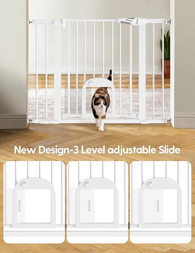 Babelio Baby Gate with Adjustable Cat Door,29-43" Auto Close Durable Pet door for Stairs,Doorways and House,Pressure Mounted,Easy Install,Effortless Walk Thru,White-CubbioJoy