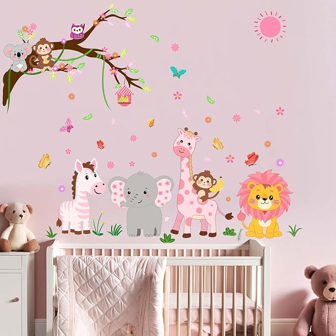 Animals Wall Decals for Girls Kids: Peel and Stick Elephant Giraffe Lion Monkey Wall Stickers - Baby Nursery Boys Room Girls Bedroom - Children Supplies Ages 1-12 Years Wall Decor Art-CubbioJoy
