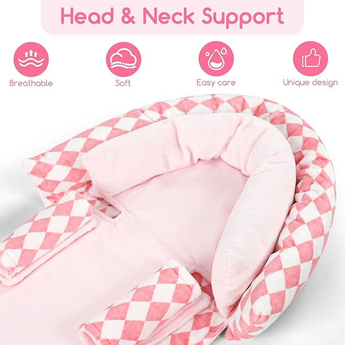 Baby Car Seat Head Support for Newborn, GFU 2 in 1 Infant Car Seat Head Body Support with Strap Pads, Soft Stroller Cushion Pillow Insert for Girls, Fits for Stroller, Swing, Pink-CubbioJoy