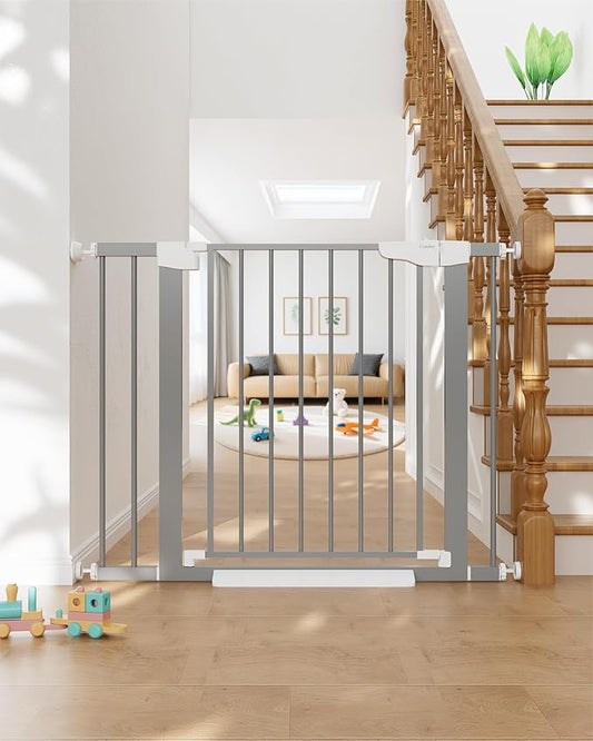 Cumbor 29.7"-40.6" Baby Gate for Stairs, Mom's Choice Awards Winner-Dog Gates for Doorways, Pressure Mounted Auto-Close Pet Gates for Dogs Indoor, Safety Child Gate with Easy Walk Thru Door, Gray-CubbioJoy