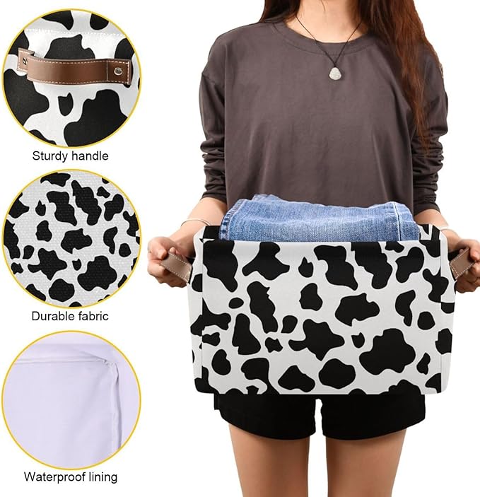 Black White Cow Skin Print Storage Basket Cube Storage Bins Organizer Bag Collapsible Closet Shelf Baskets with handle for Baby Cloth Pet Toy Book 14.2×10.2×8.3 IN-CubbioJoy